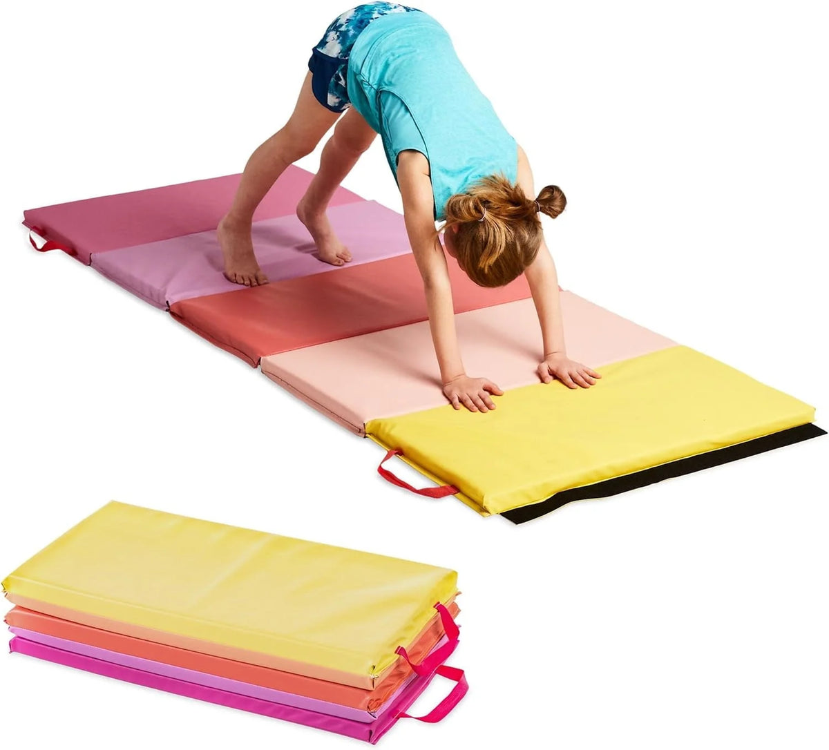 HearthSong 5-Panel Folding Kids' Gymnastics Tumbling Mat for Active Play, with Carrying Handles, Sun