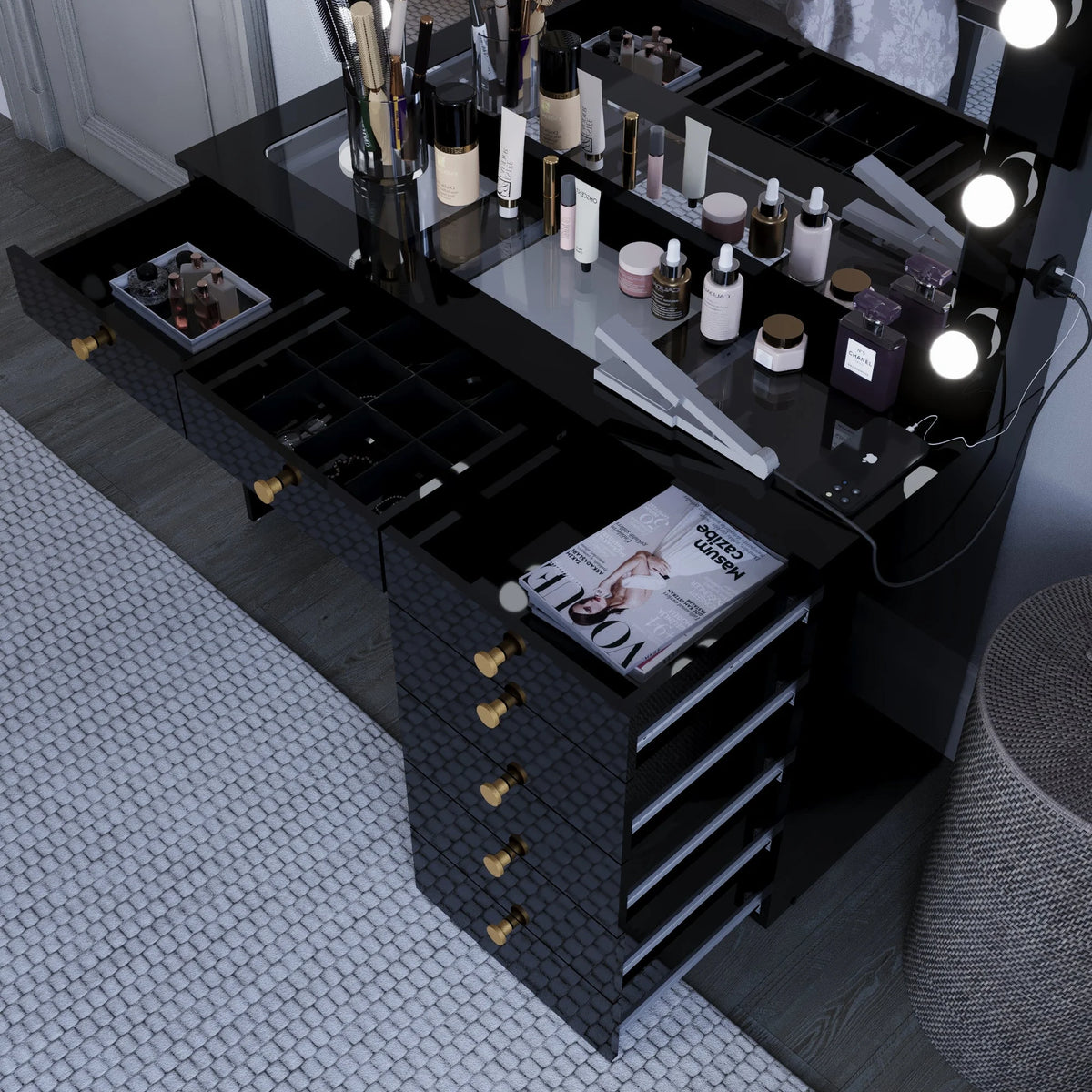 Ember Interiors Modern Large Greige Makeup Vanity Desk with Built-in Lights, Power Outlet with USB Type-C, Glass Top, 7 Drawers and Crystal Knobs