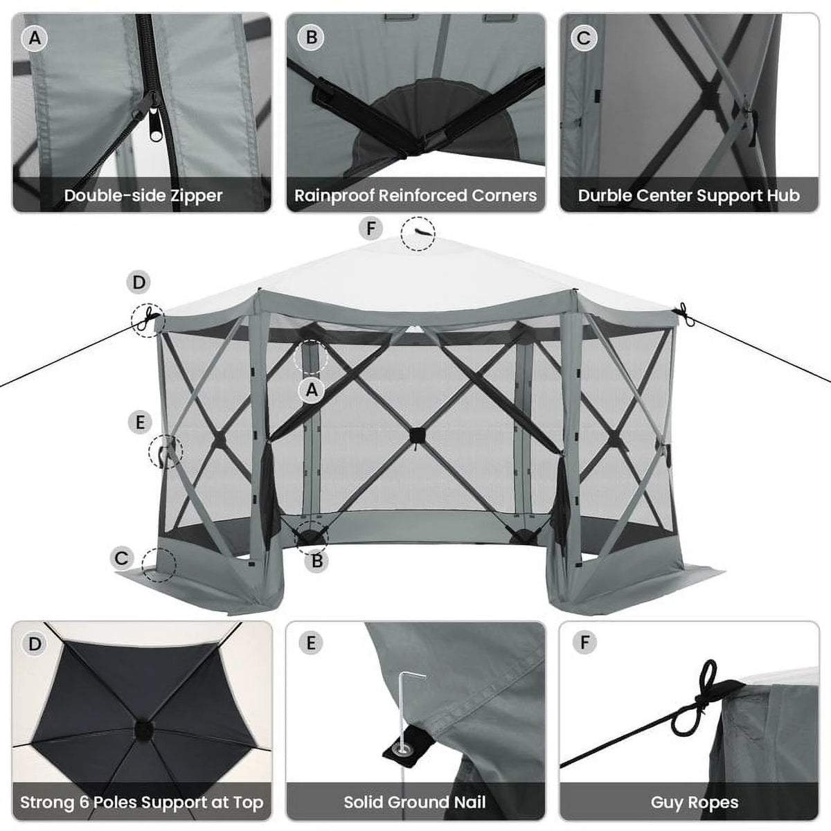 SANOPY 12'x12' Gazebo Outdoor Pop up Gazebo Screen Tent with 6 Sides Mosquito Netting Camping Gazebo Instant Shelter Glamping Tent with Carry bag, Ground Spike, Gray