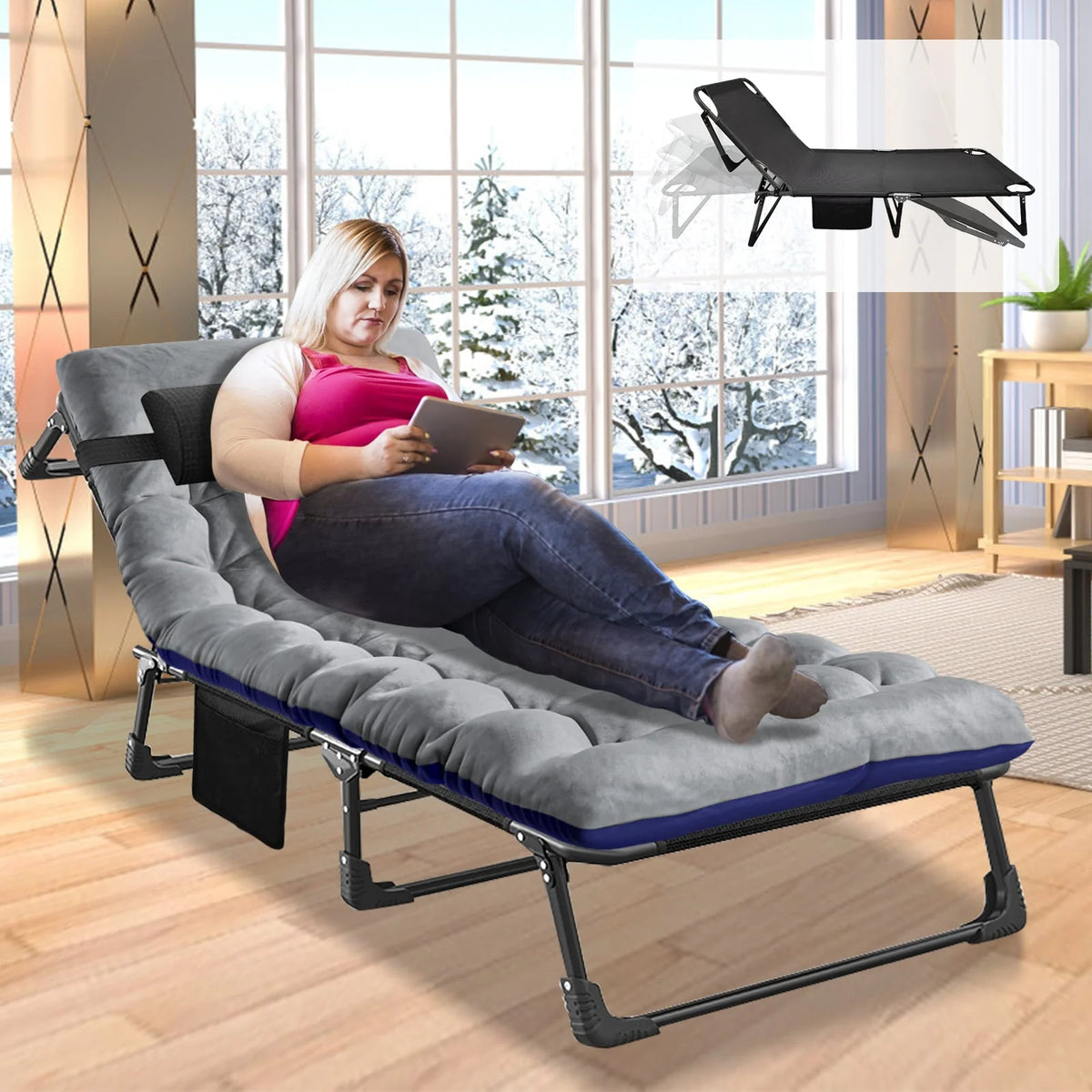 ABORON Folding Camping Cot with 2-Sided Pad & Pillow for Adults & Kids, Adjustable 5-Position Folding Lounge Chair, Folding Cot, Sleeping Cots Bed