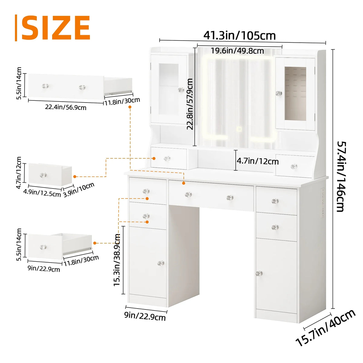 Tomnk woo White Makeup Vanity Desk with Large Mirror, Adjustable Lights, Storage Drawers & Power Outlets