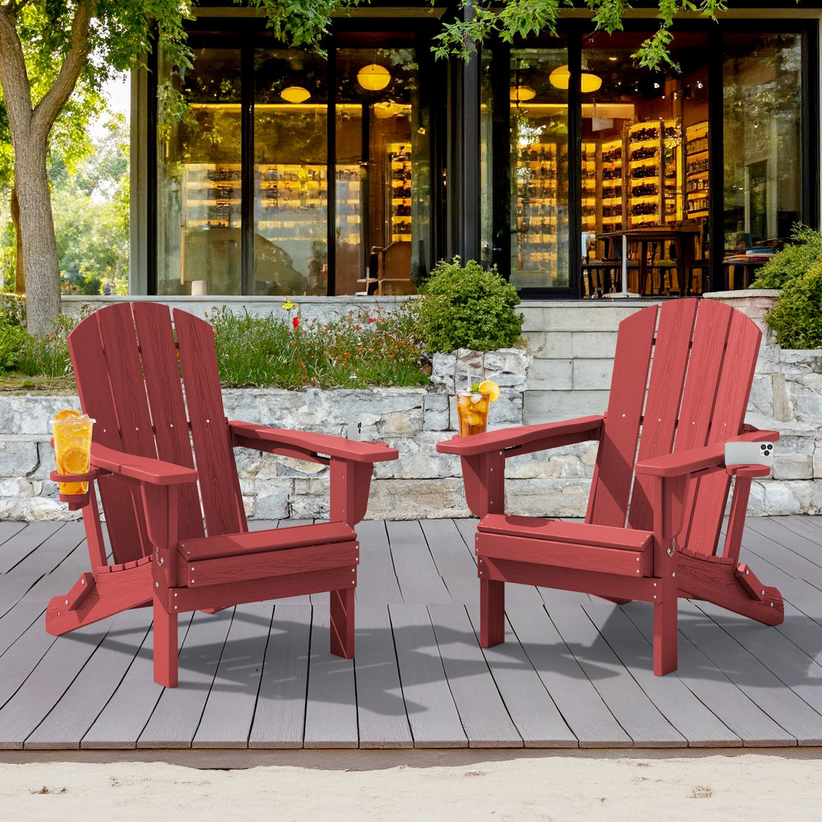 SERWALL Folding Adirondack Chair Set with Dual Cup Holders & Phone Holder, All-Weather HDPE Fire Pit Chairs for Outdoor, Patio, Poolside, Garden - Black