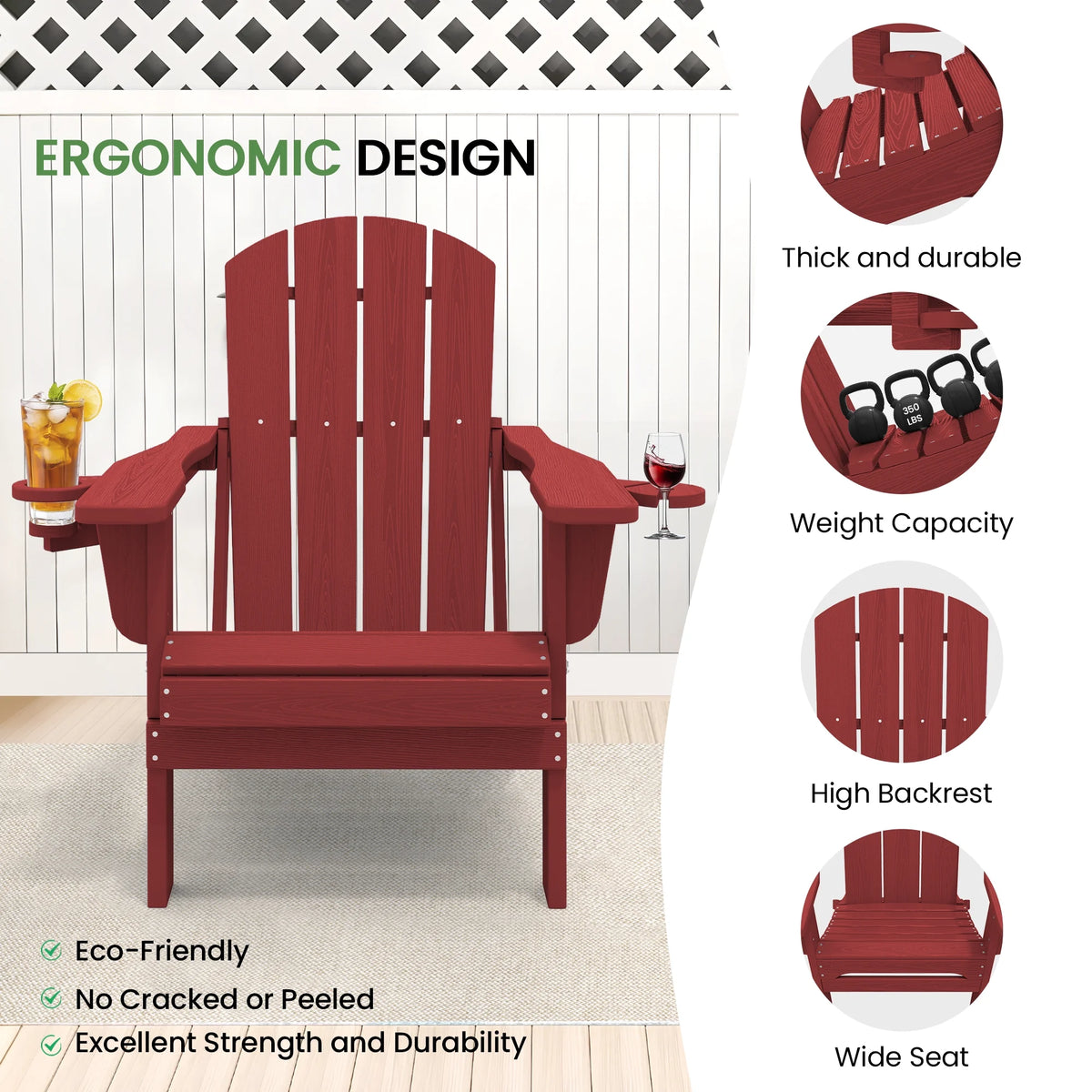 SERWALL Folding Adirondack Chair Set with Dual Cup Holders & Phone Holder, All-Weather HDPE Fire Pit Chairs for Outdoor, Patio, Poolside, Garden - Black