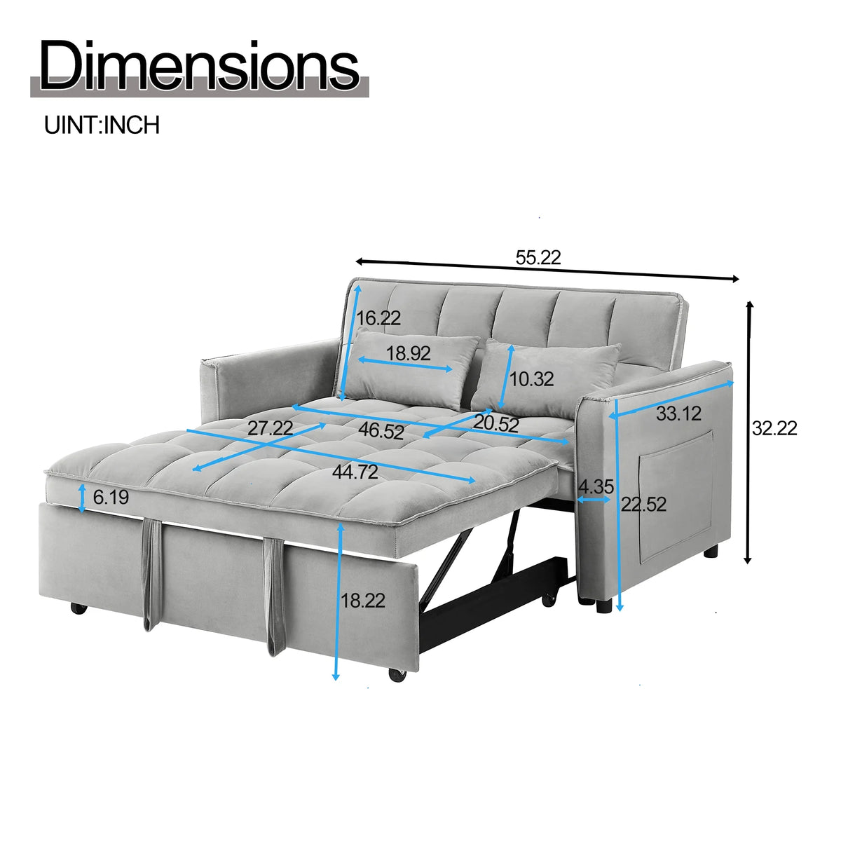 Convertible Sofa Bed,3-in-1 Sleeper Sofa with Pull Out Bed,Sleeper Futon Couch Loveseat with Adjsutable Backrest and Pillows for Living Room,Gray