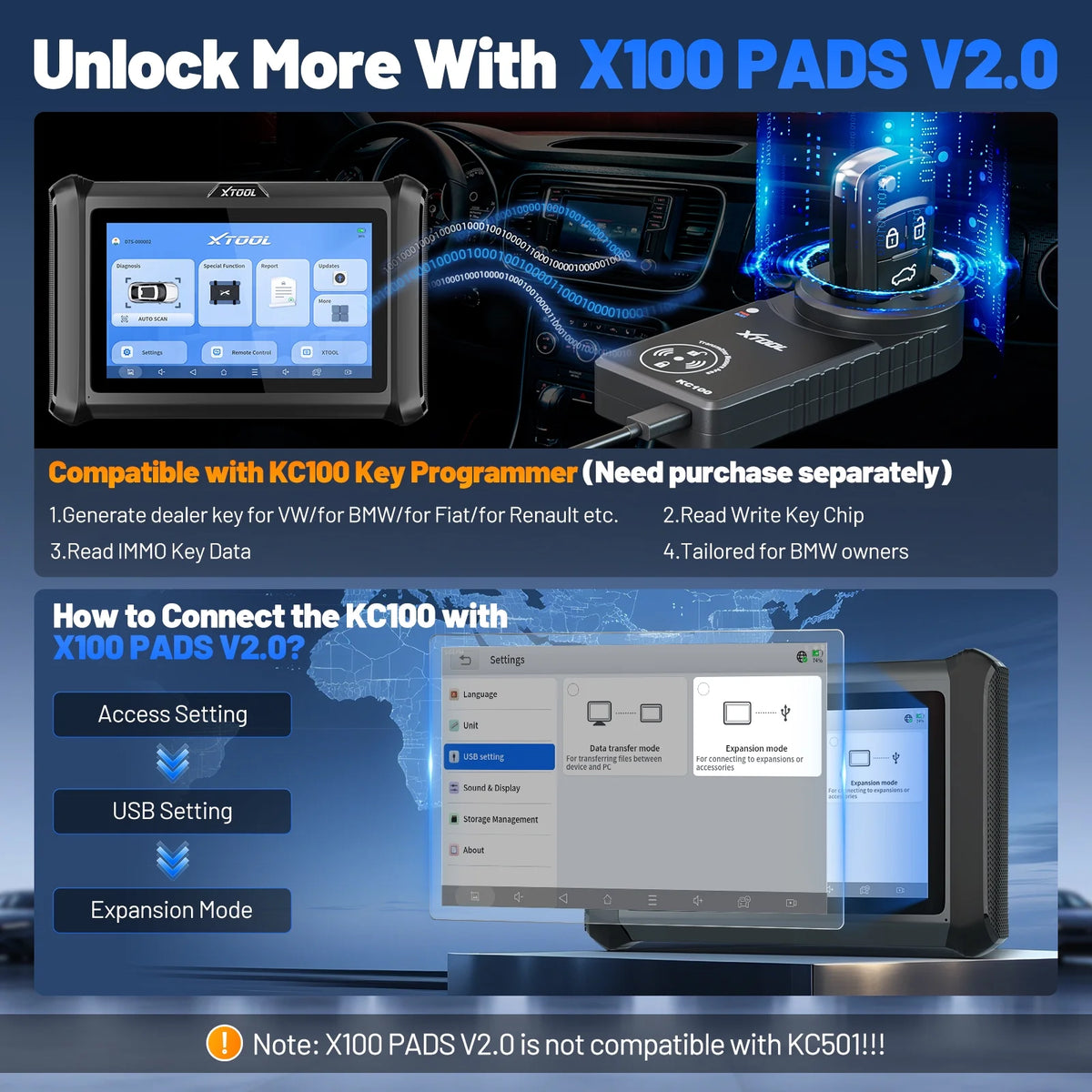 XTOOL X100 Pads Auto Key Fob Programmer Full System OBD2 Scanner 32+ Reset Functions IMMO EEPROM Adapter