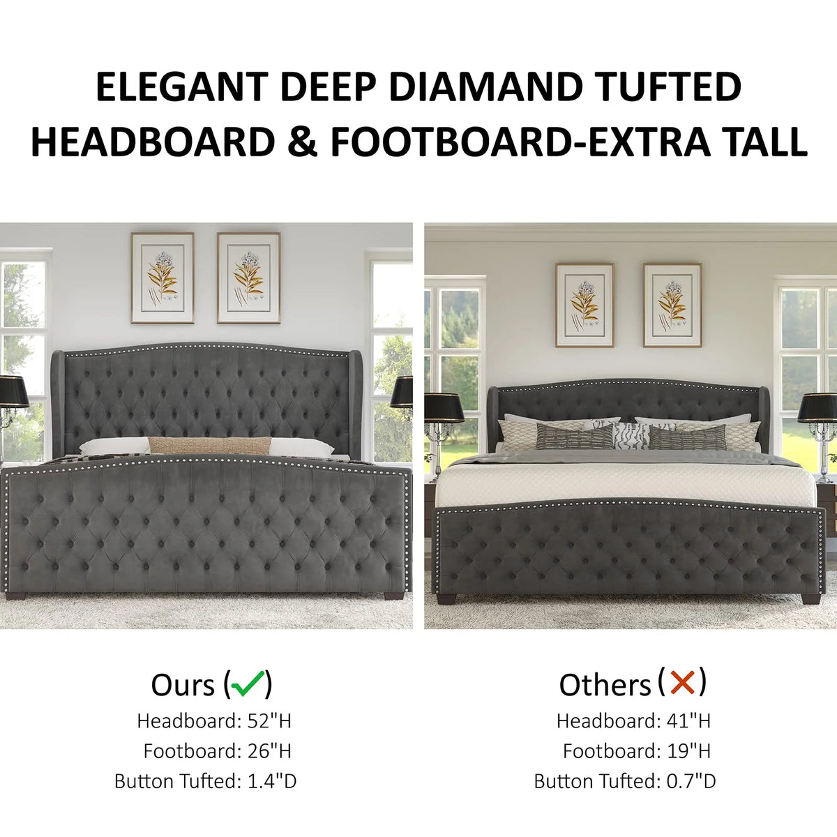 VANACC Queen Size Bed Frame, Velvet Upholstered Bed with Deep Button Tufted Wingback Headboard��Grey