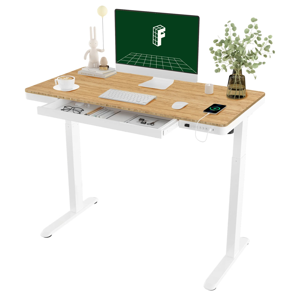 FLEXISPOT 48" W Home Office Height Adjustable Standing Desk White and Maple with USB Charge Ports and Embedded Drawer
