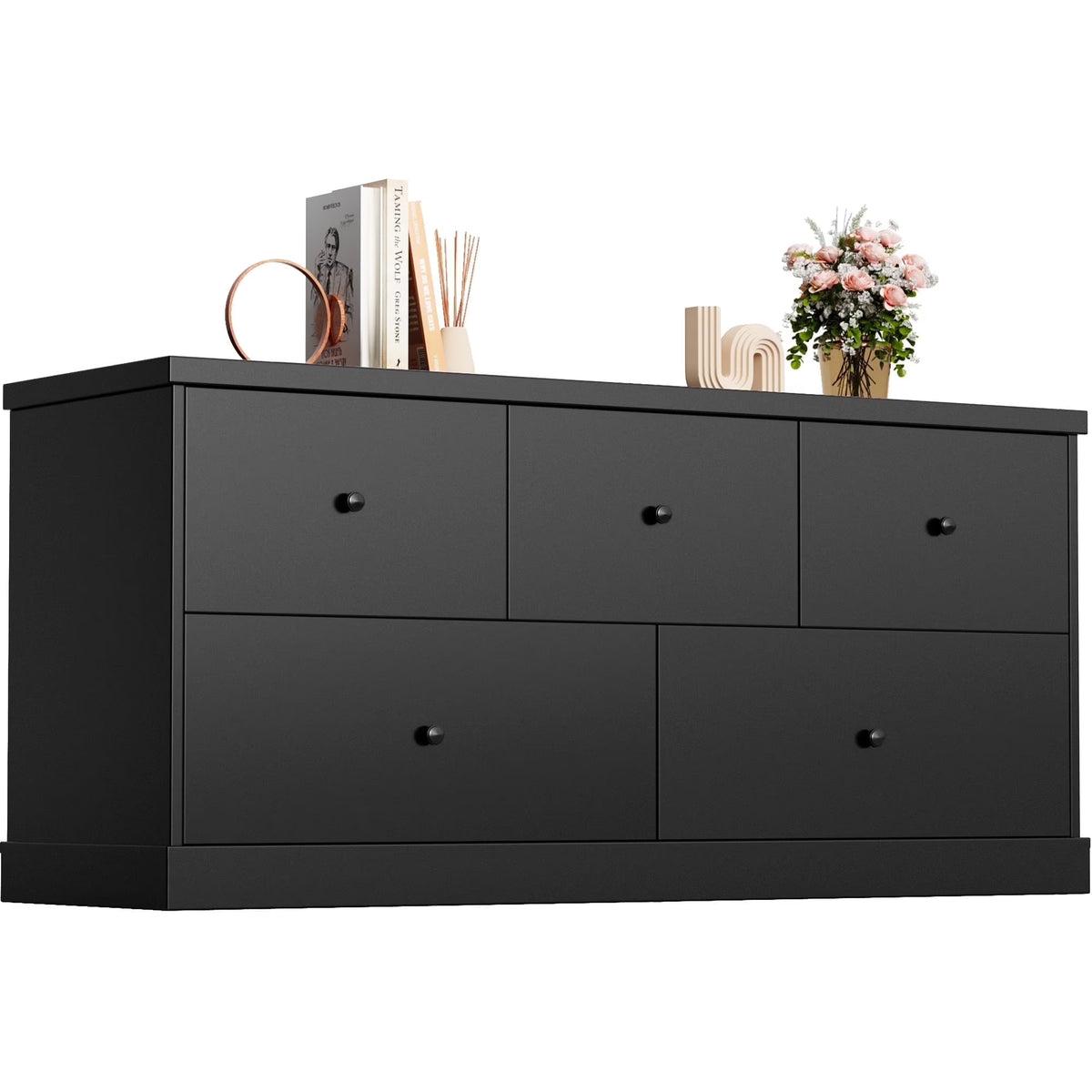 Homall 5 Drawer Dresser Wood Storage Cabinet Double Tier Chest of Drawer TV Stand for Bedroom, Living Room, Black