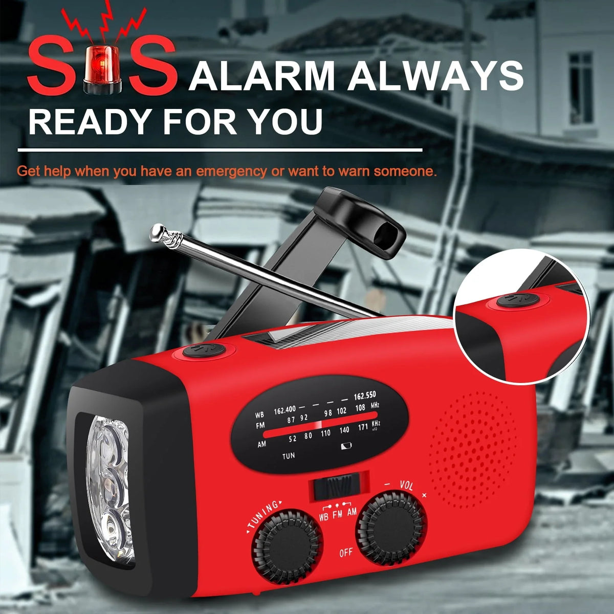 TSV Emergency Radio, Solar Hand Crank Self-Powered Weather Radio with 1200mAh Rechargeable Battery, Bright LED Flashlight, for Household Emergency, Outdoor Survival