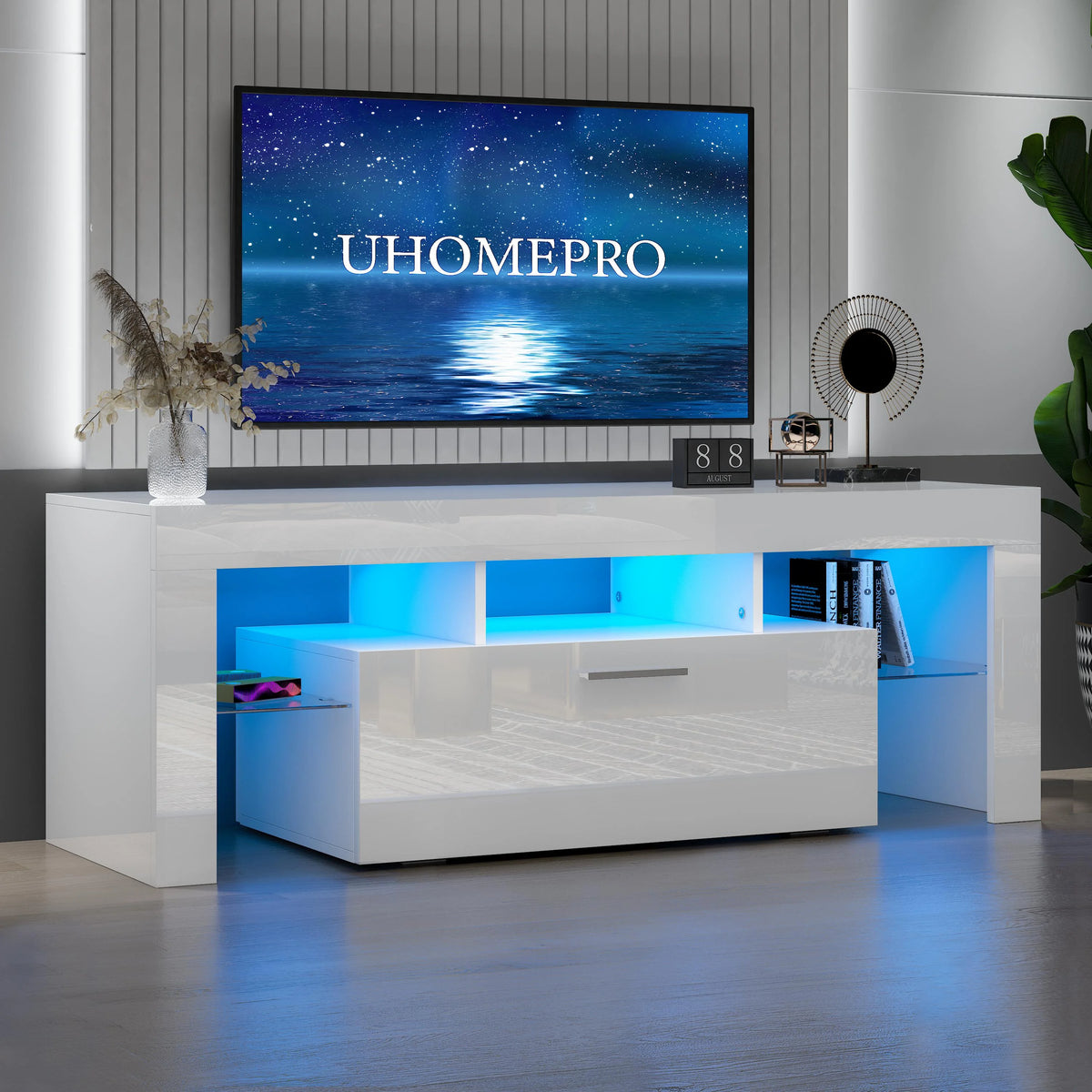 UHOMEPRO TV Stand for TV up to 70", Living Room Entertainment Center with RGB LED Lights and Storage Shelves Furniture, White High Gloss TV Cabinet Console Table