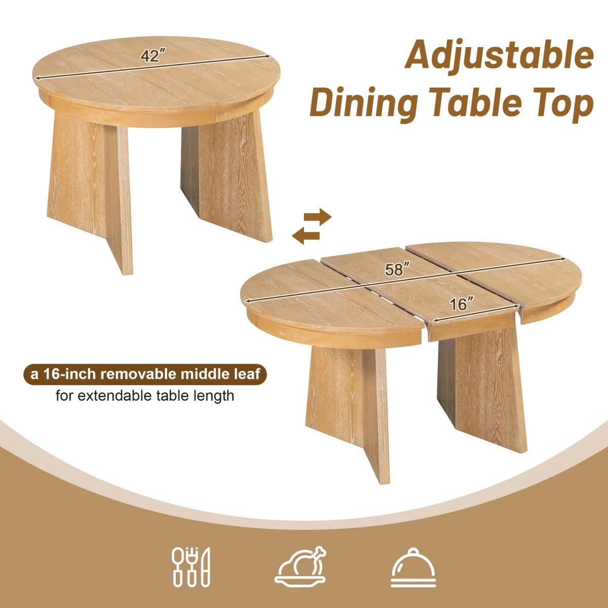 5-Piece Extendable Dining Table Set for 4 People, Solid Wood Kitchen Table Set with 4 Upholstered Chairs and Rattan Backrests for Dining Room and Kitchen, Natural