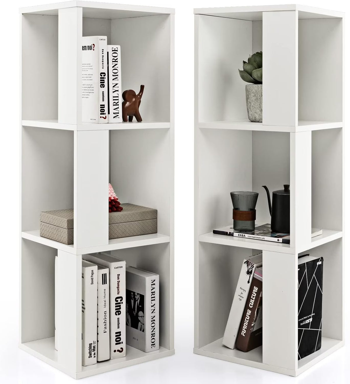 3 Cube Bookcase Set of 2, Modern Bookshelf w/Cubical Storage Shelves, Wood Bookshelves & Bookcases, Small Book Shelf for Bedroom, Living Room, Home Office (White)