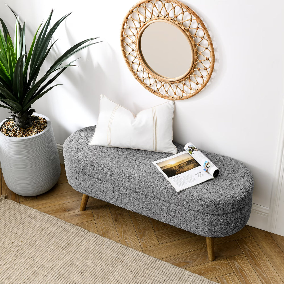 Furniliving Modern Upholstered Button Tufted Storage Ottoman Entryway Bench, Ivory