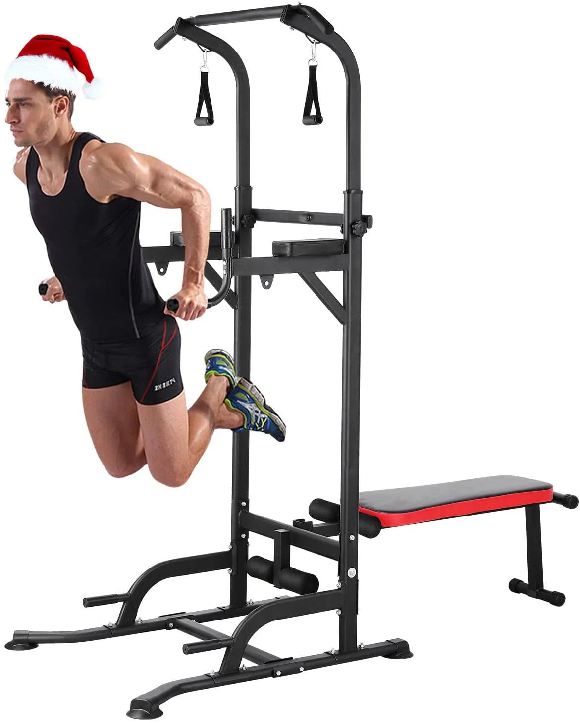 HOMFY Power Tower w/Sit Up Bench, Multifunction Dip Pull Up Bar Station, Heavy Duty Steel Frame w/Pull Rope 400lb