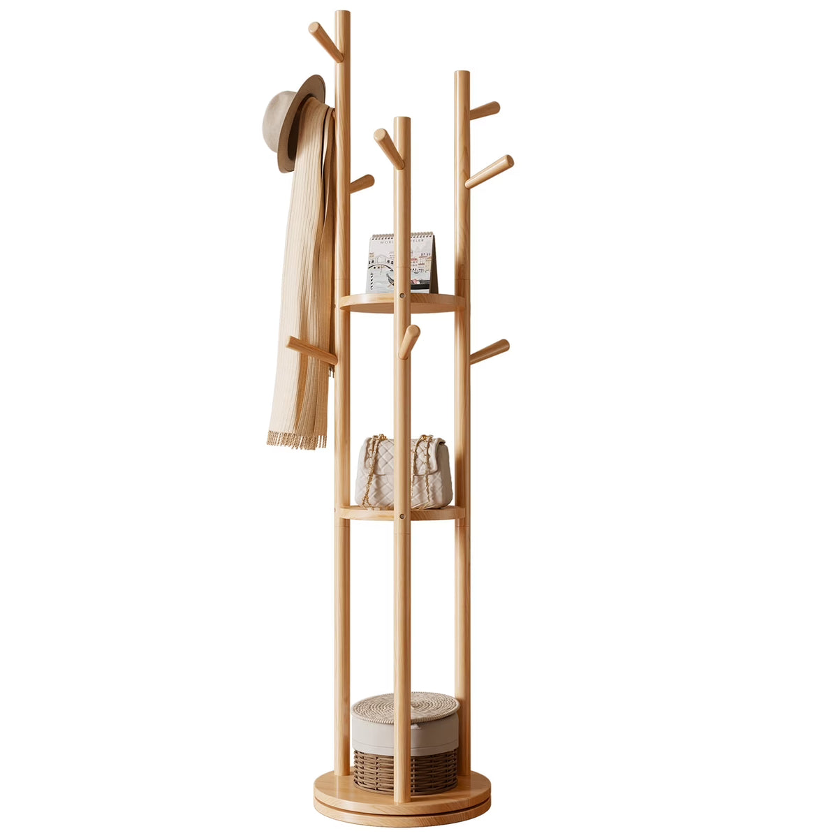 KASLANDI Solid Wood Rotary Coat Rack with 3 Shelves & 9 Hooks, Freestanding Hall Tree Stand, Coat Tree for Entryway, Living Room, Walnut, Easy Assembly