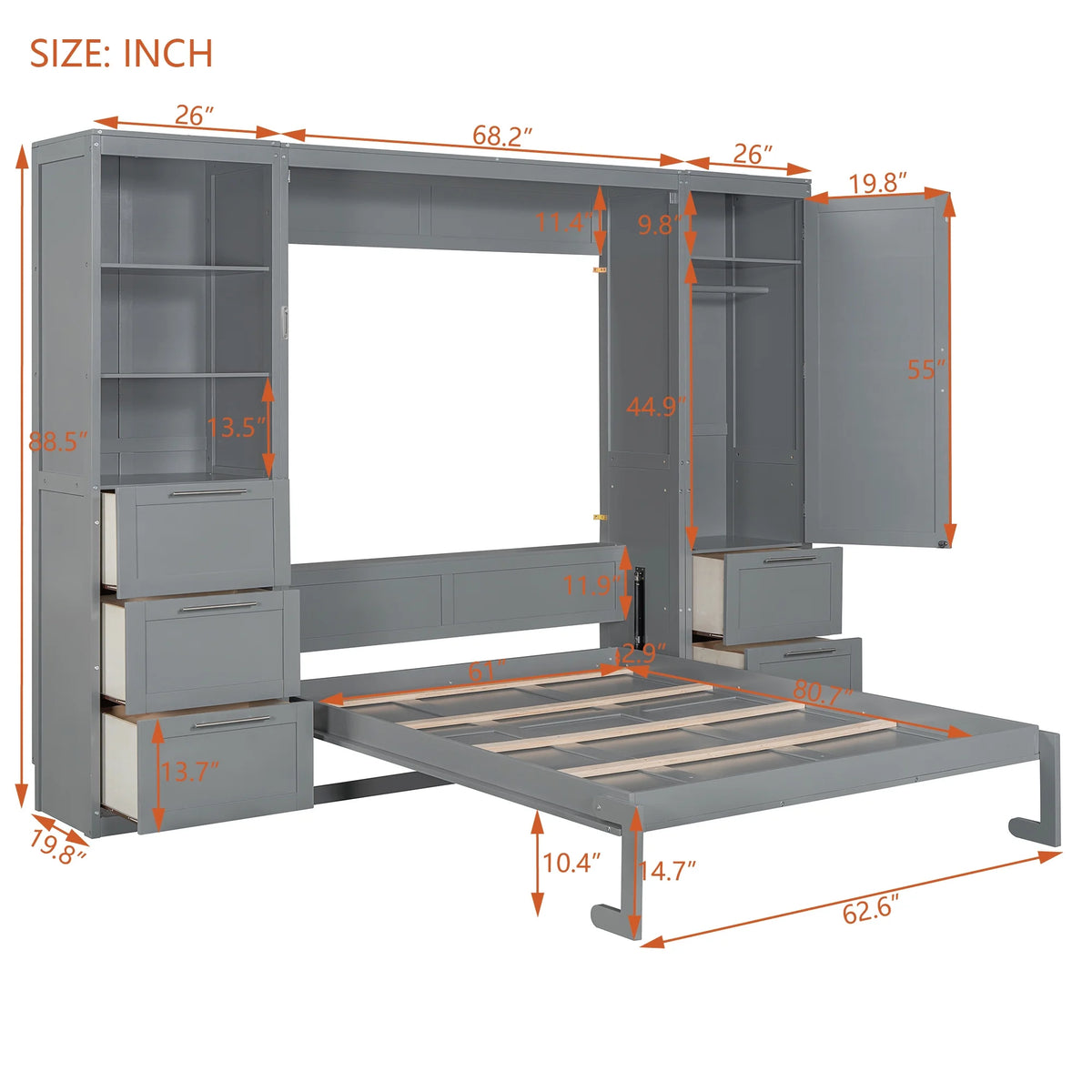 Newest Queen Size Murphy Bed Wall Bed with Closet ,Drawers , Shelves,Gray