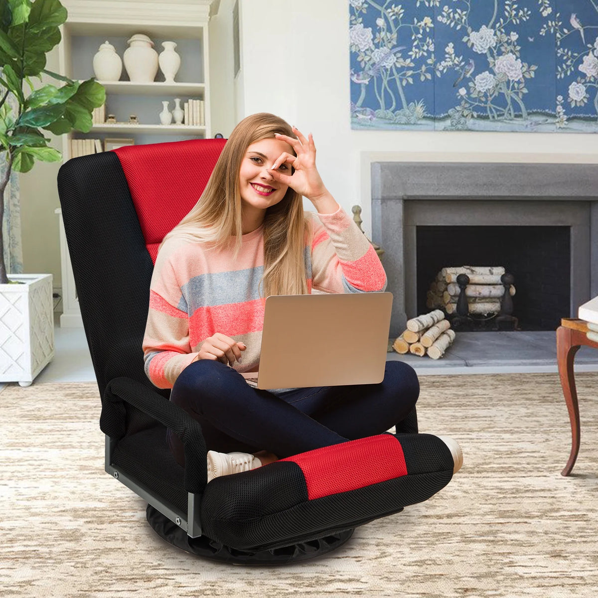 Avocahom Swivel Gaming Floor Chair w/ Armrest Handles, No Assembly gaming chair rocker, Folding Reclining Sofa w/6 Position Adjustable Backrest for Video Games, Watching TV, Reading,Blue