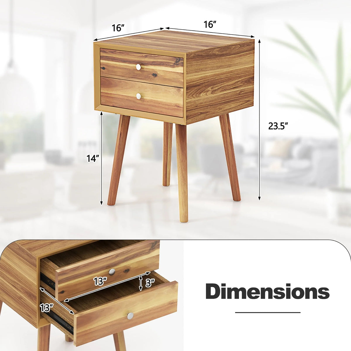 Gymax 2-Drawer Nightstand Mid-century Modern Bed Side Table w/ Storage Multipurpose End Table Brown