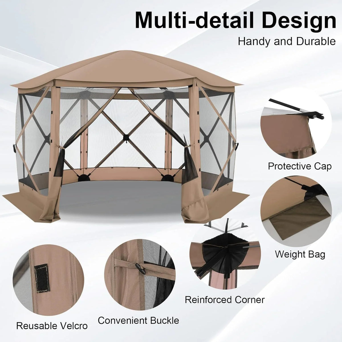 COBIZI 12x12ft Pop-up Gazebo Screen Tent Screen House with sidewalls and Mosquito Netting for Camping, Waterproof, UV Resistant, EZ Set-up Party Canopy with Carrying Bag and Ground Stakes, Brown