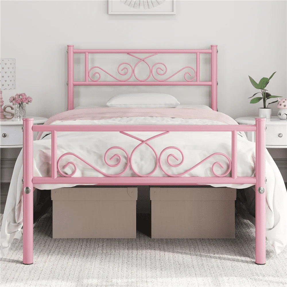 Easyfashion Jocelyn Modern Graceful Scroll Metal Platform Twin Bed,Pink