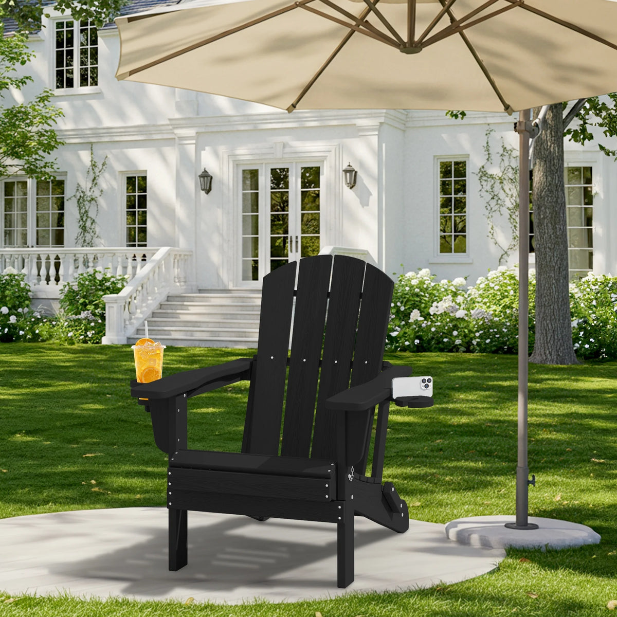 SERWALL Folding Adirondack Chair Set with Dual Cup Holders & Phone Holder, All-Weather HDPE Fire Pit Chairs for Outdoor, Patio, Poolside, Garden - Black