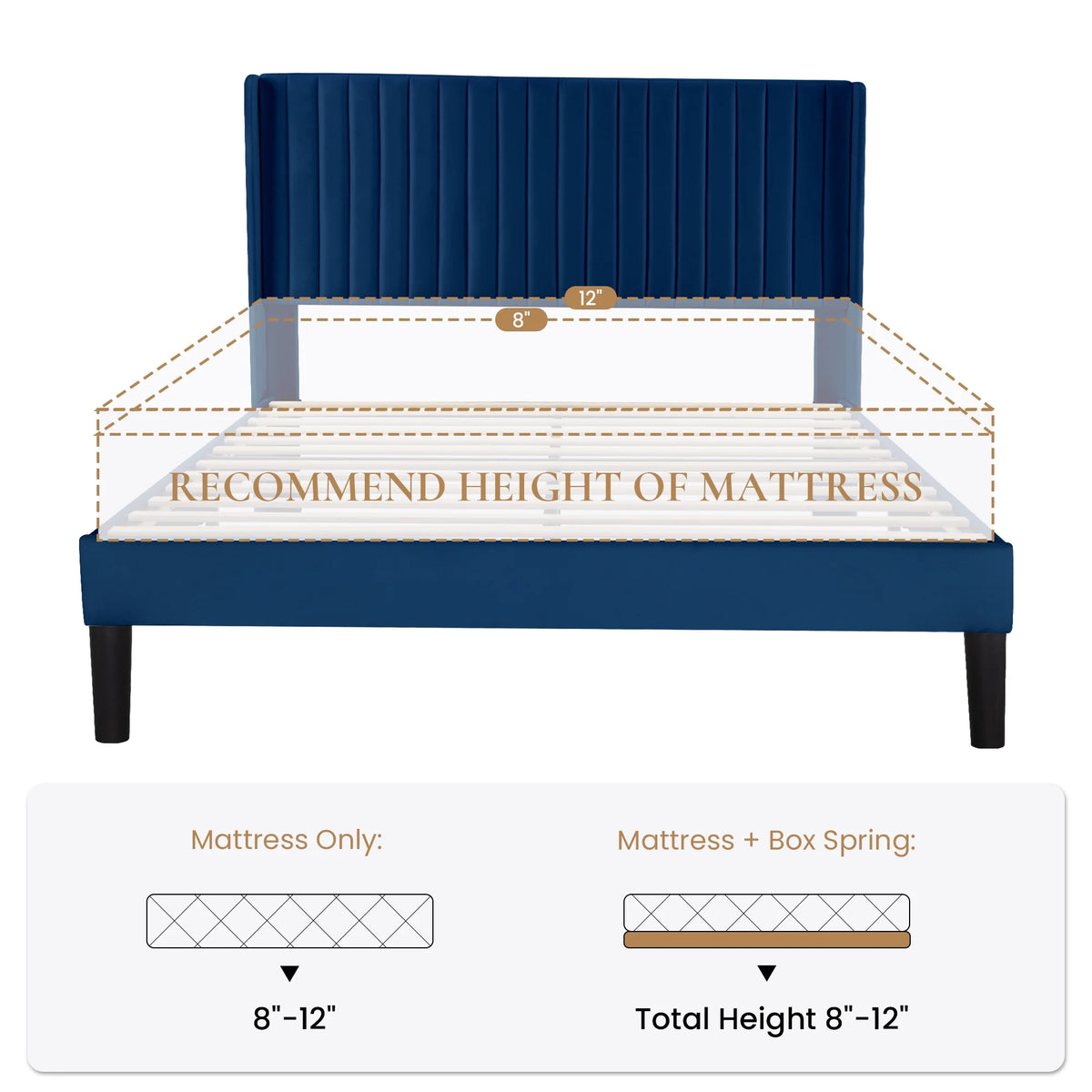 Sha Cerlin Queen Size Upholstered Platform Bed Frame with Velvet Channel Wingback Headboard, Off White