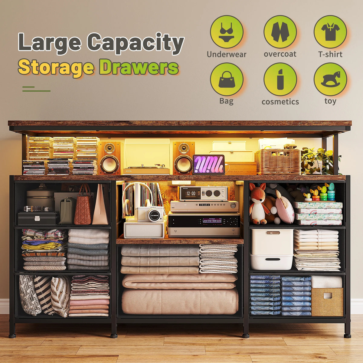 EnHomee Dressers for bedroom TV Stand with Power Outlets &LED Lights Wide Dresser with 10 Drawers&Side Pockets & Hook Fabric Chest of Drawers,Black