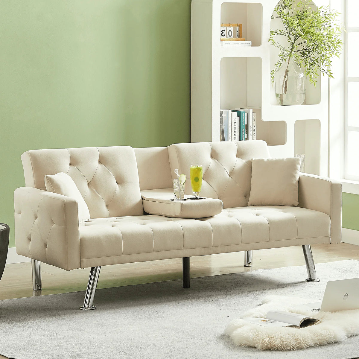 Modstyle 76" Fabric Futon Sofa Bed with Adjustable Backrest & Cup Holder, Beige