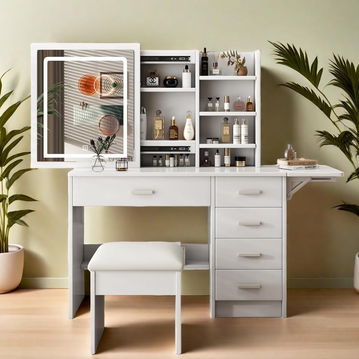 Montary Modern Mini Vanity w/Adjustable LED Mirror + Hidden Storage, Padded Stool & Dustproof Shelves (White)
