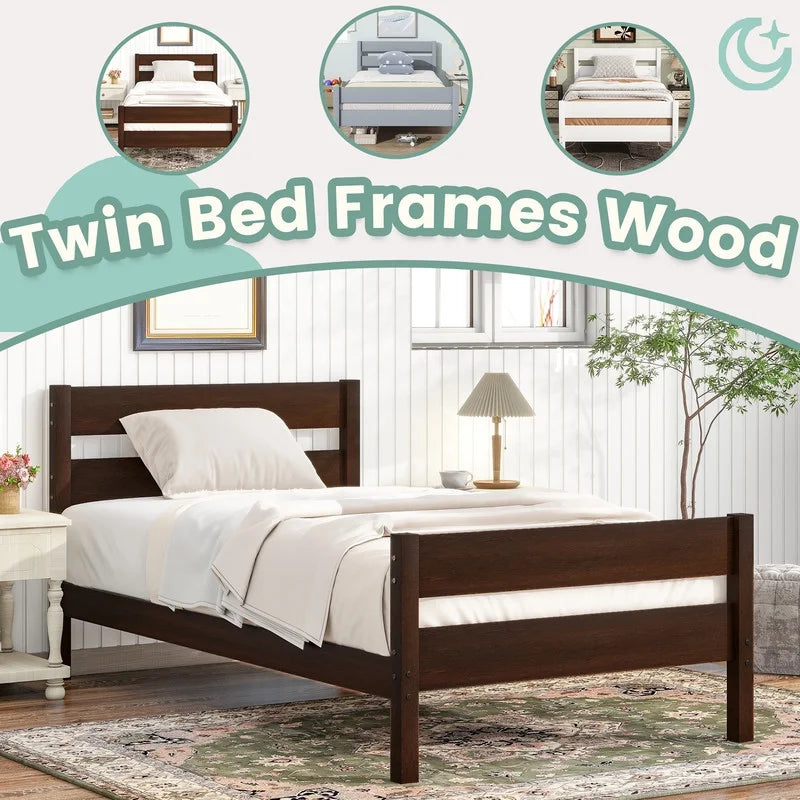 Duxelifin Wood Twin Bed Frame with Rails, Twin Size Low Platform Bed with Headboard and Footboard, Low Twin Bed Frame for Girls & Boys, White