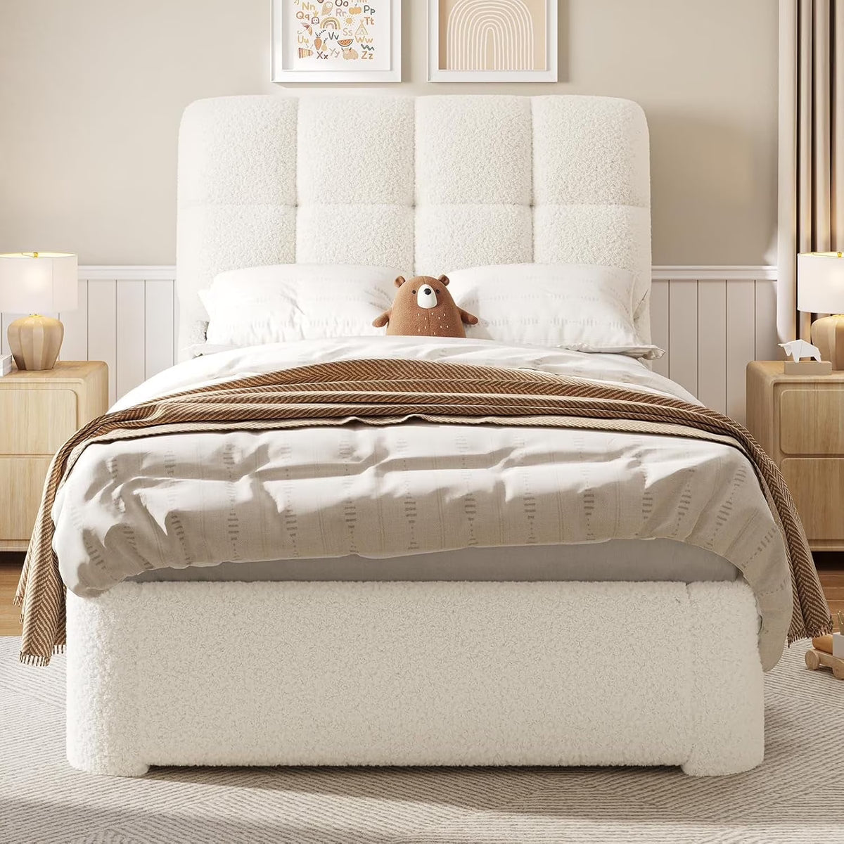 Upholstered Bed Frame Queen Size with Headboard, Modern Soft Cloud Queen Platform Bed for Bedroom, No Box Spring Needed, White