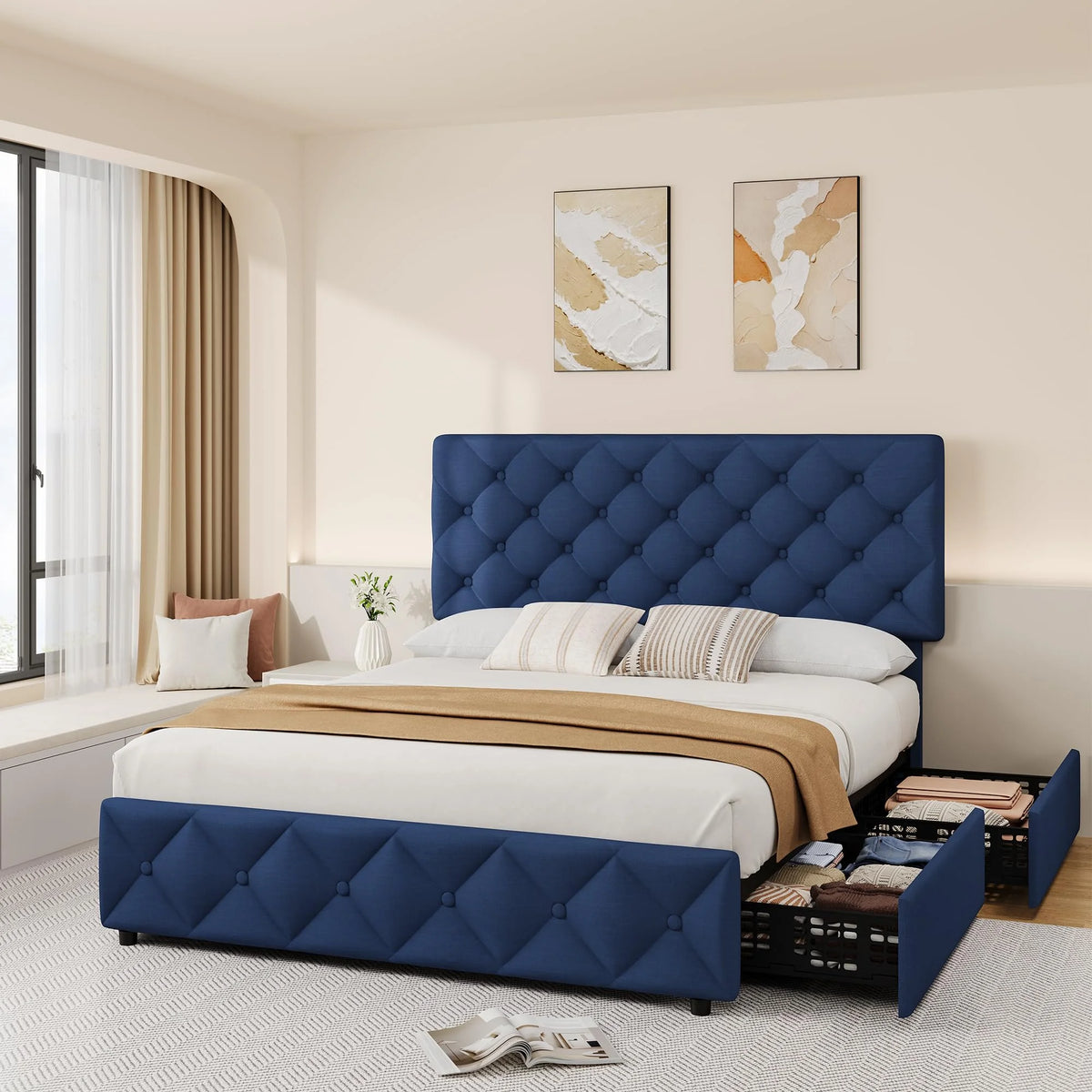 TROPOW Full Size Bed Frame,with 4 Storage Drawers and Adjustable Headboard, Linen Upholstered Platform Bed Frame, Diamond Stitched Button Tufted, No Box Spring Needed,White