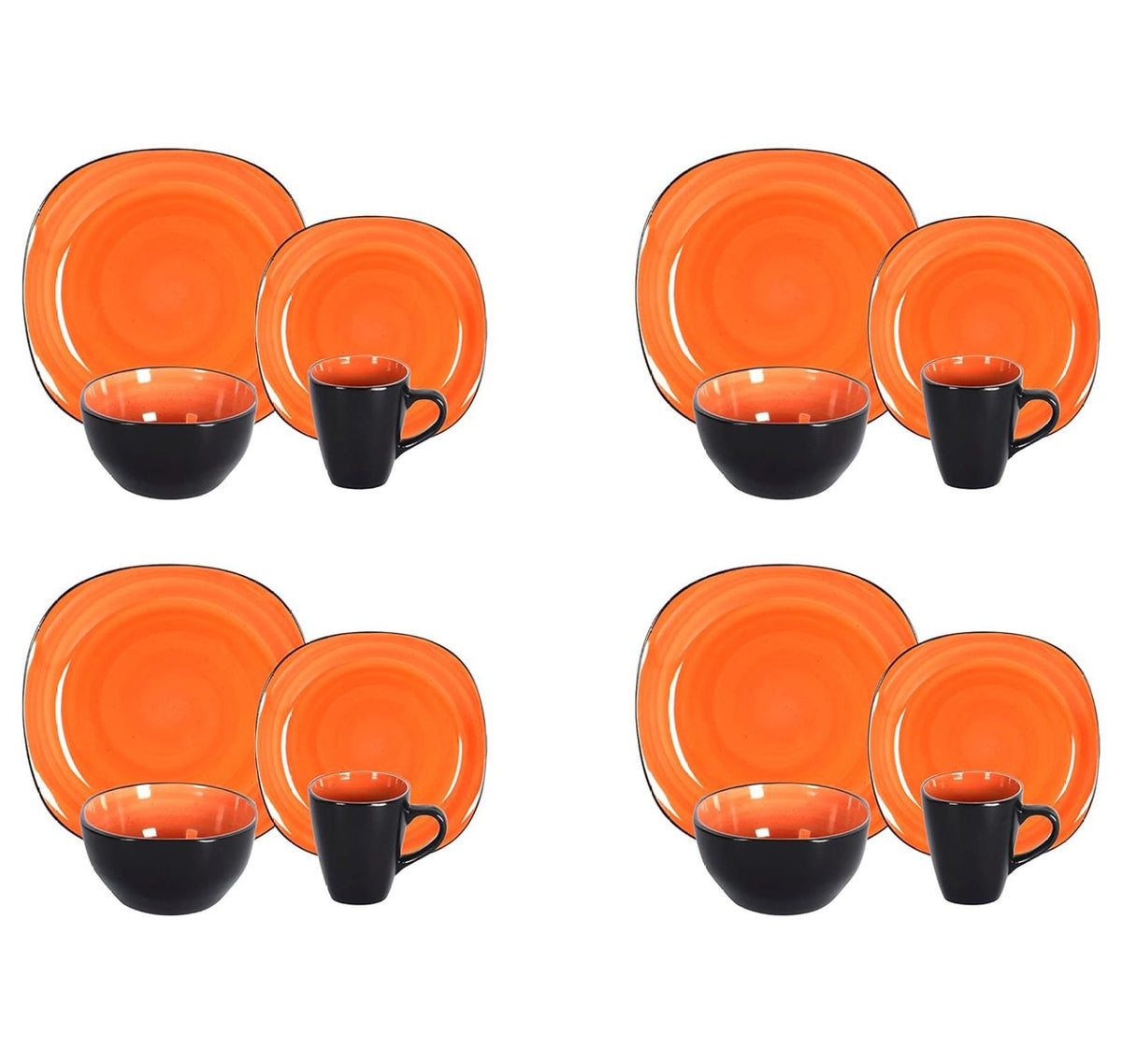 Stoneware Square 16pc Dinnerware Set, Inside Spinwash Swirl Orange + Outside Black
