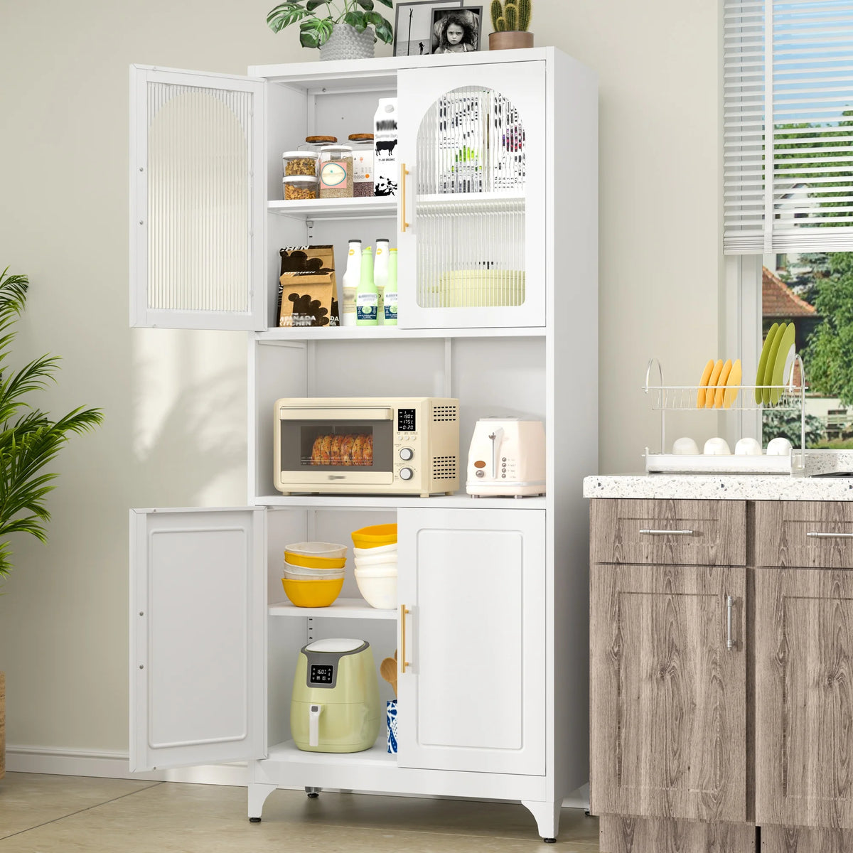 Polup 75" Tall Metal Homes Kitchen Storage Cabinets with Doors and Shelves, Modern Black