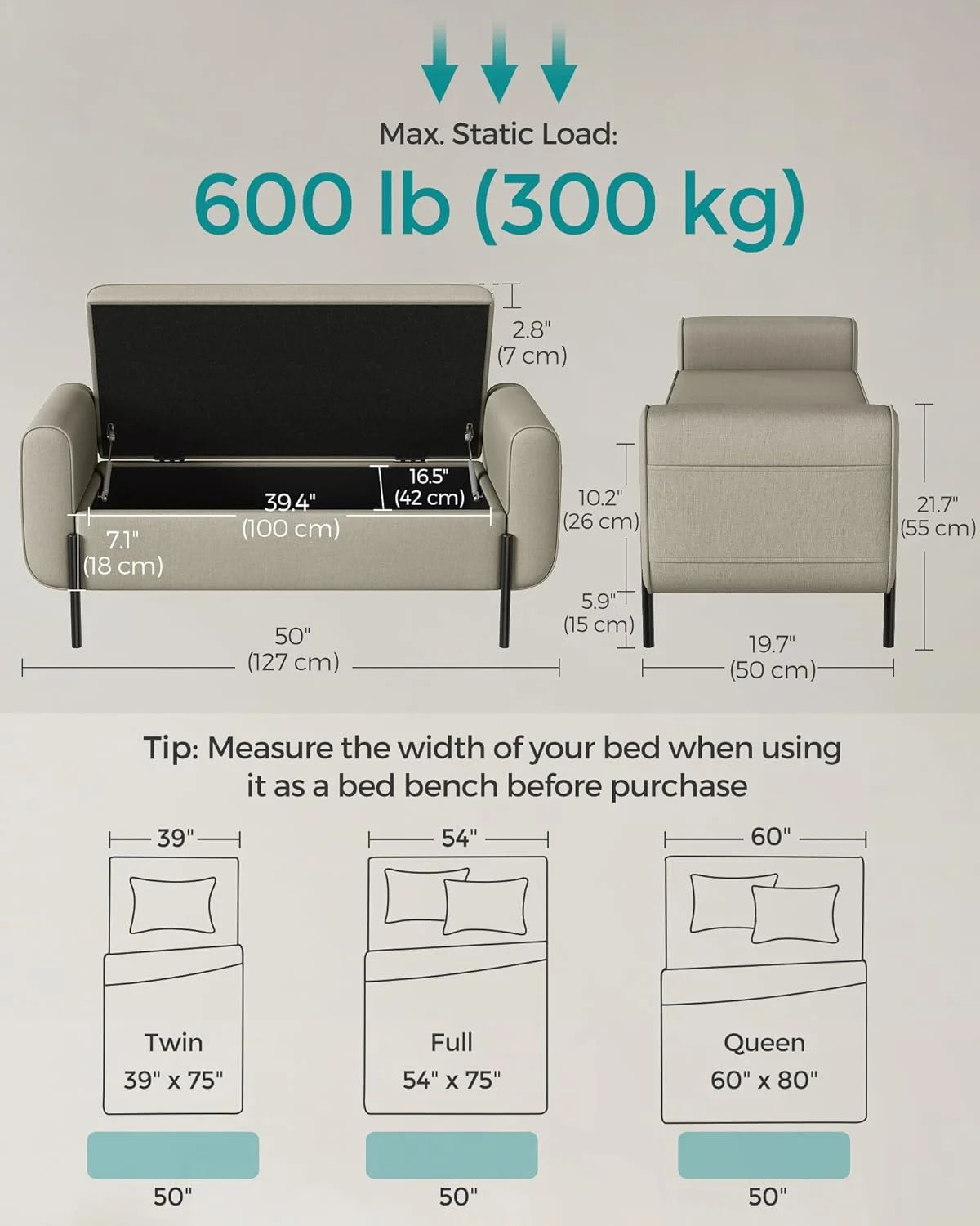 SONGMICS 46.5" Storage Ottoman Bench Storage Bench Bedroom Bench 330lb Load Capacity Solid Wood Legs Light Gray