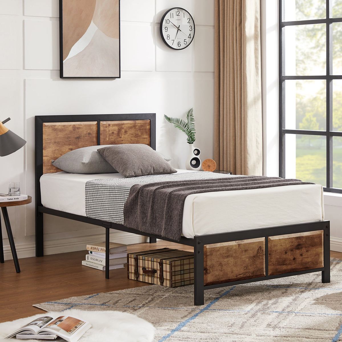 VECELO 3-Piece Bedroom Set with Twin Size Bed Frame and 1-Drawer Black Nightstands