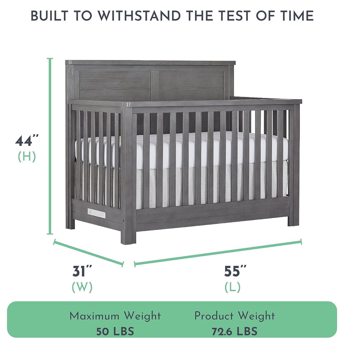 Evolur Belmar Flat 5-in-1 Convertible Crib. Rustic Grey