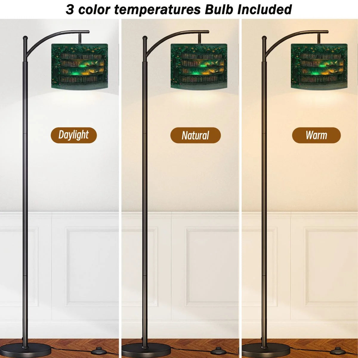 Arc Floor Lamps Surreal Bookshelf Dreamlike Sky Art Print Modern LED Adjustable Lampshade Standing Light for Living Room Reading Bedroom Office