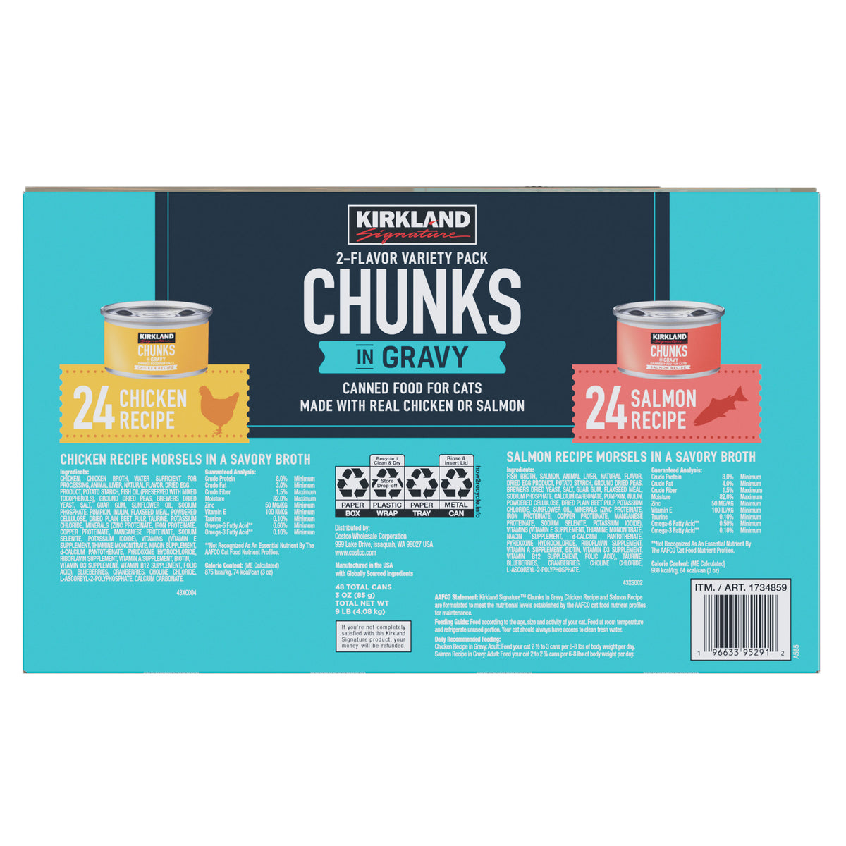 Kirkland Signature Chunks in Gravy, Canned Cat Food Variety Pack, 3 oz, 48-count