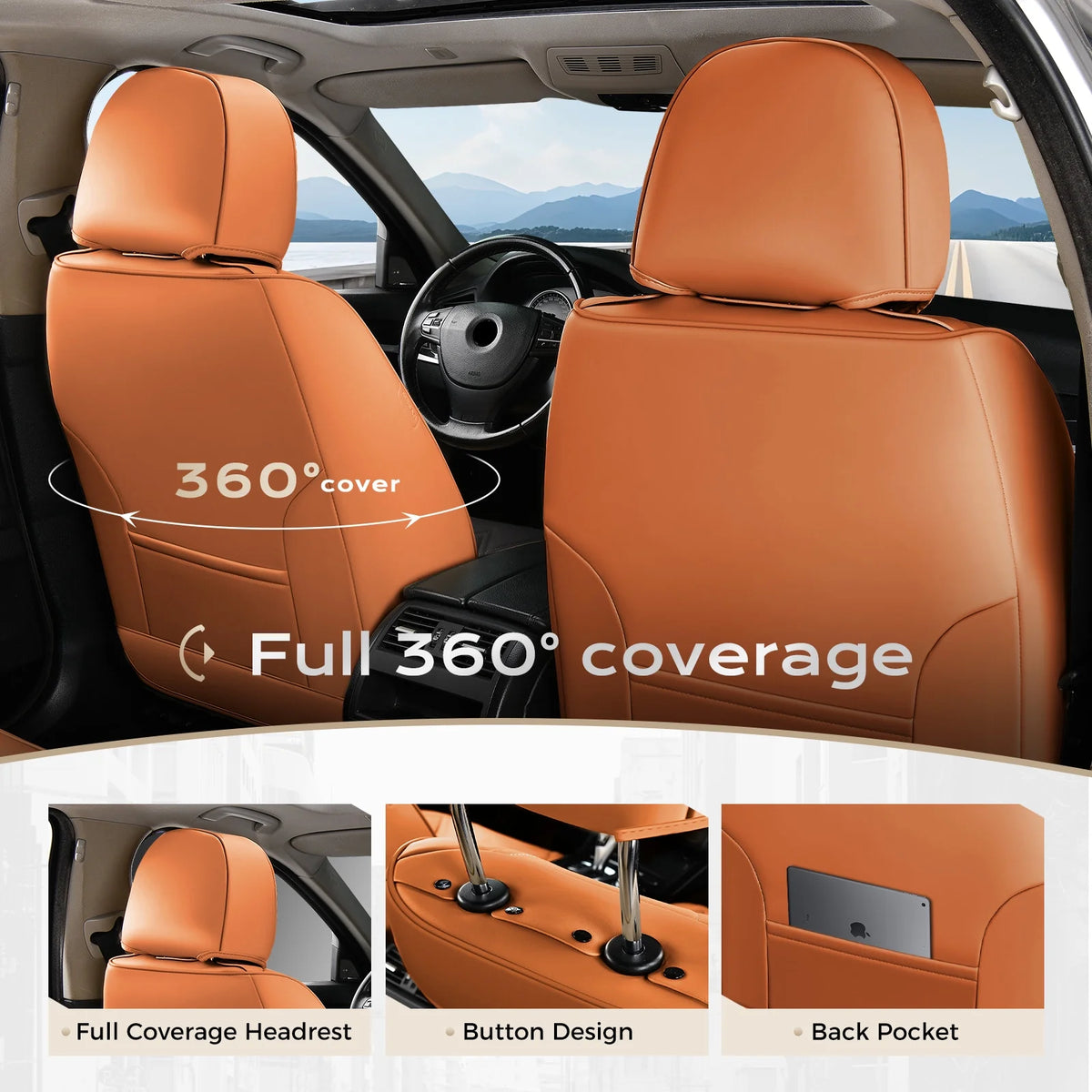 Coverado Black Front Car Seat Covers, Stylish Waterproof Premium Leather Automotive Seat Protectors, Airbag Compatible Auto Interior Accessories Universal Fit for Most Cars SUV Pick-up Trucks