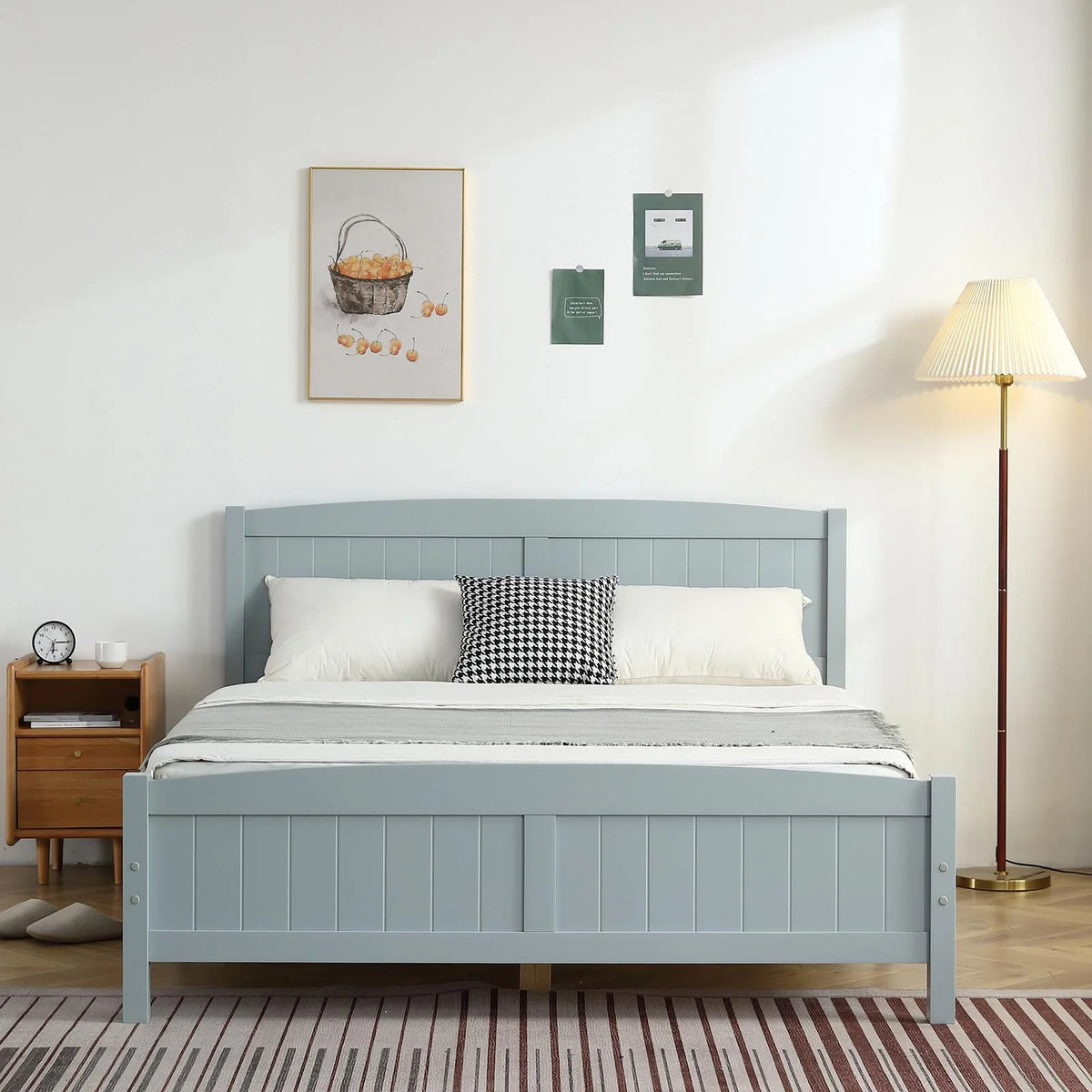 Zimtown Queen Bed Frame,Solid Pine Wood Kids Twin Platform Bed Frame, Bedroom Queen Bed with Headboard for Adults, Gray