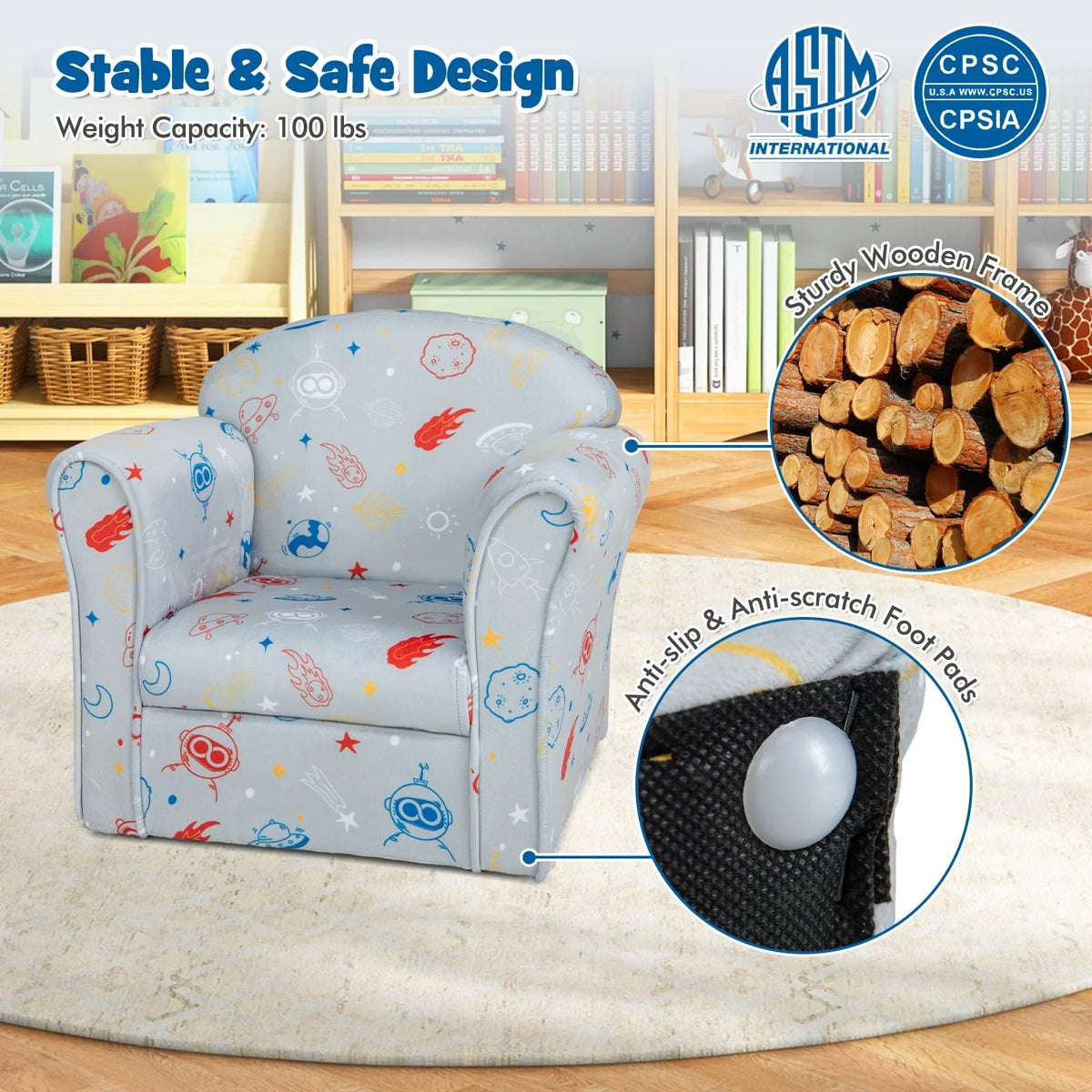 Infans Kids Sofa Toddler Upholstered Armrest Chair w/Solid Wooden Frame Gray