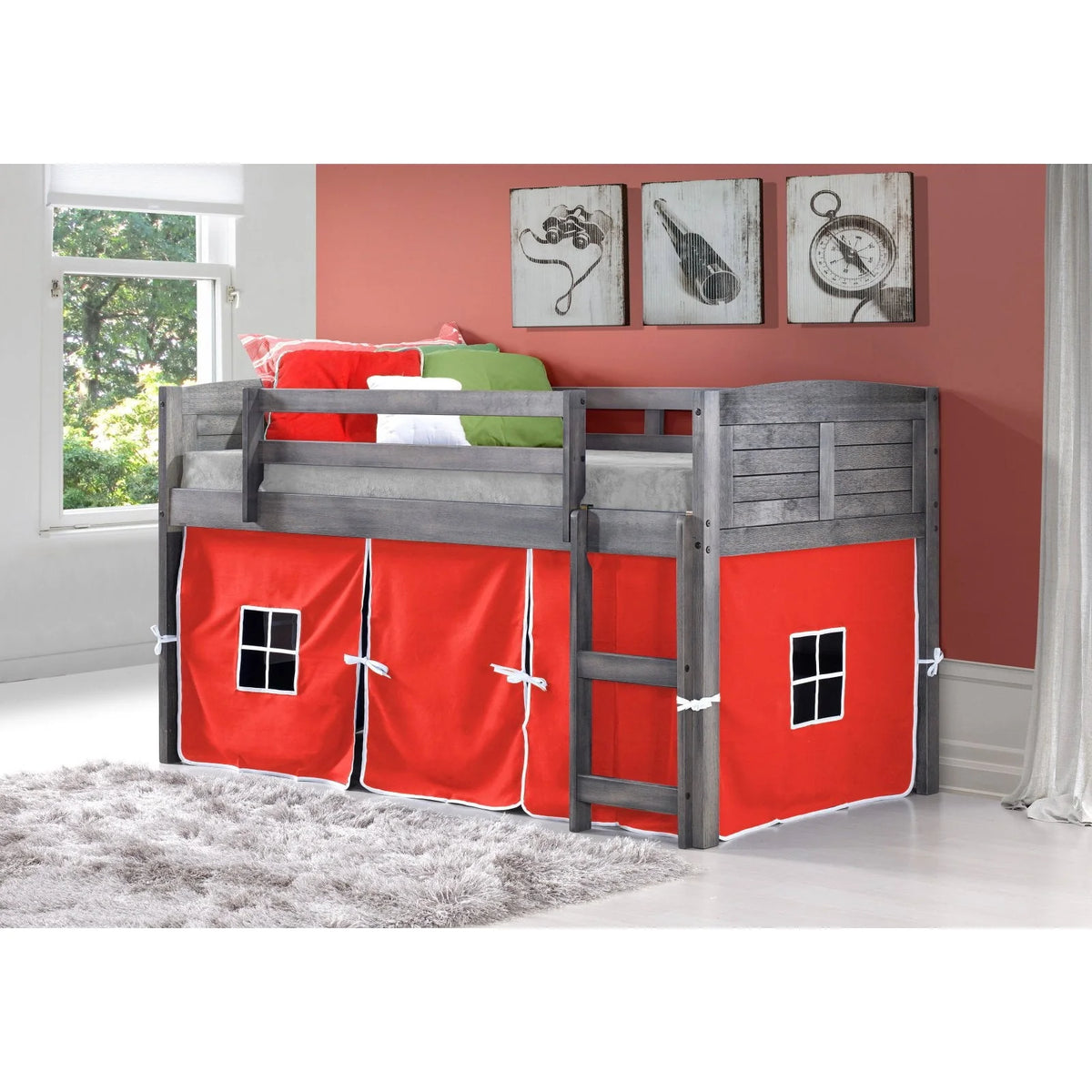 Donco Kids Louver Loft Beds, Antique Grey, Blue-Tent