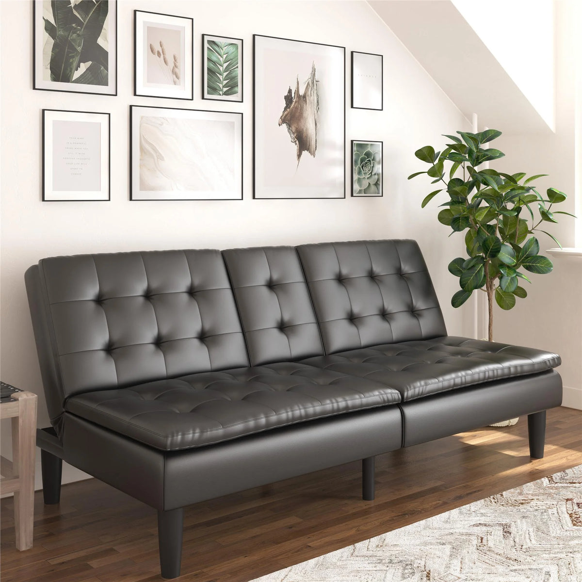 Mainstays Memory Foam 71.5" Futon with Cupholder and USB, Black Faux Leather