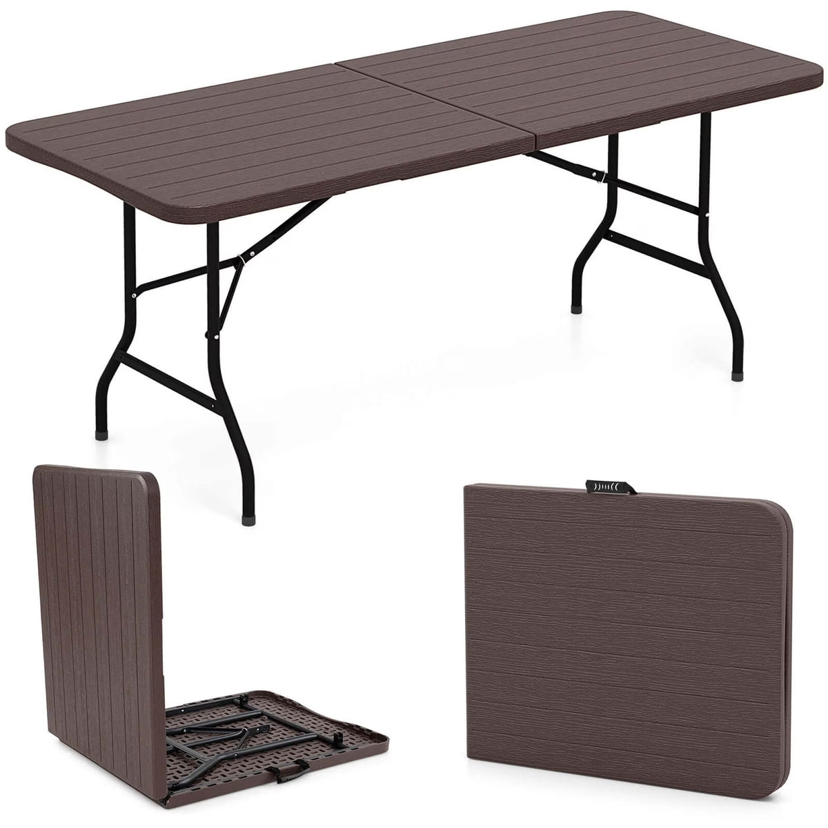 Costway 6 ft Portable Folding Table with Wood Grain HDPE Tabletop Safe Lock Mechanism Gray