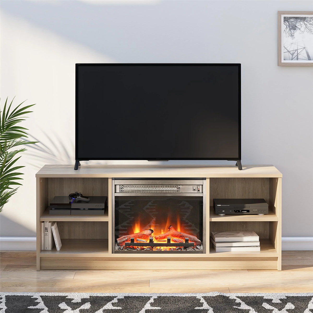 Mainstays Fireplace TV Stand, for TVs up to 55", Black Oak