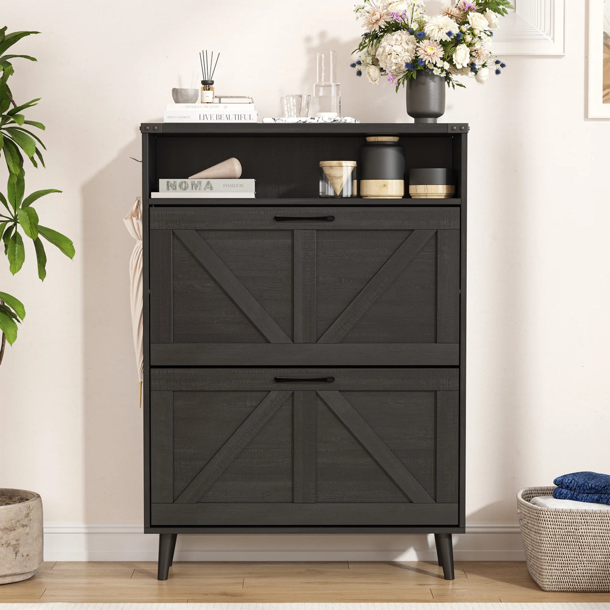 Veanerwood Shoe Cabinet with 2 Flip Drawers Farmhouse Shoe Storage Cabinet Organizer for Entryway, Gray