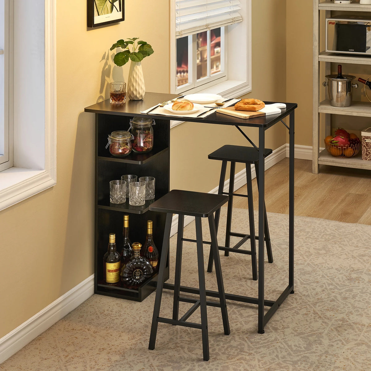 Dining Table Set, Bar Table and Chairs Set, 3-Piece Bar Table Set with Storage Drawer & Shelf, Steel Frame, Industrial, Rustic Brown, Space Saving Table for Small Apartment