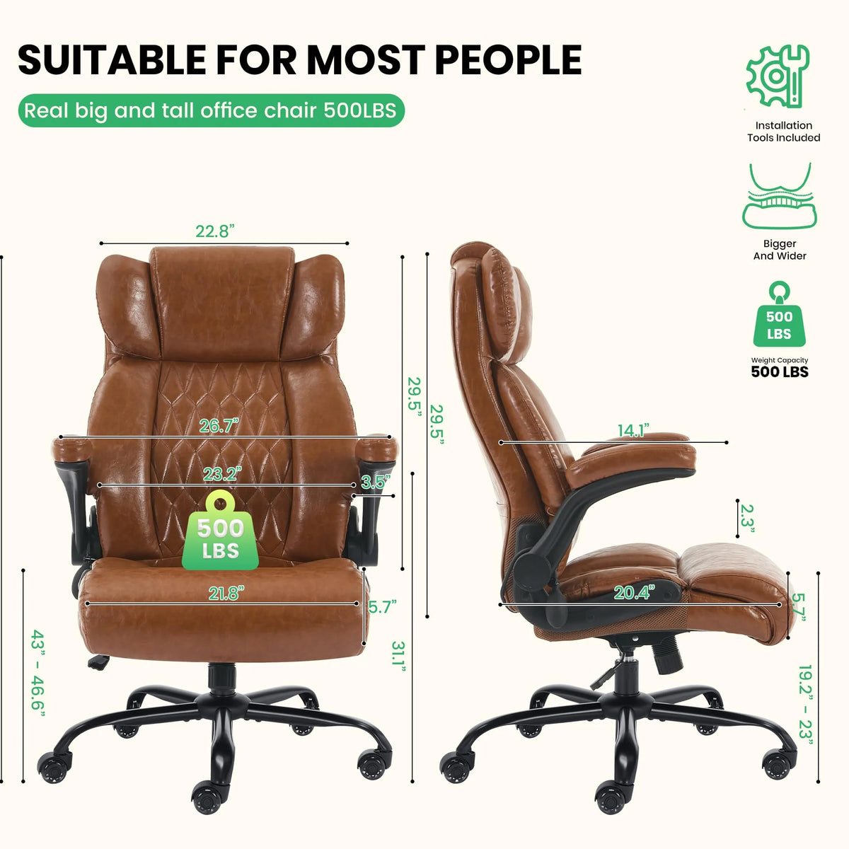 Ninecer 500lbs Big and Tall Office Chair with Inflatable Lumbar Support, Ergonomic Executive Desk Chair with Extra Wide Seat, Adjustable Height Computer Chair, Heavy Duty Leather Office Chair, Black