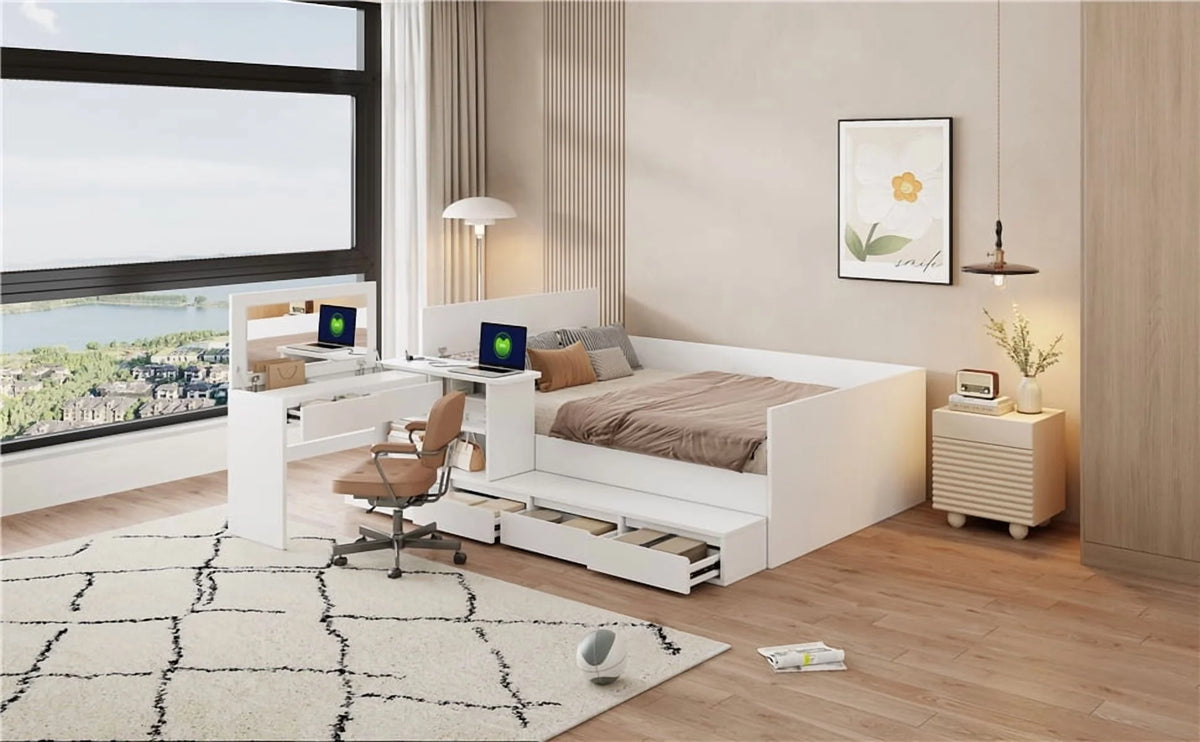 Full Size White Wooden Platform Bed w/ 6 Drawers, Vanity Desk &amp; Shelves - Bedroom Furniture. Space-saving design. Includes storage, perfect for small spaces. 75.3"L x 100.9"W.